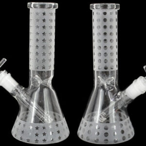 8" Glass On Glass Etched Design Beaker Water Pipe