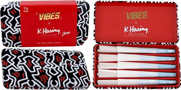 VIBES x K. Haring Pre-Rolled Cones - 1 1-4 - Hemp - 2pk Bundle Collectable Tin