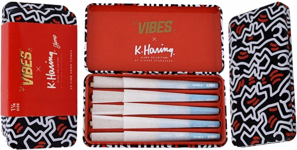 VIBES x K. Haring Pre-Rolled Cones - 1 1-4 - Hemp - 2pk Bundle Collectable Tin - Image 6