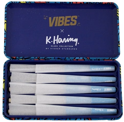 VIBES x K. Haring Pre-Rolled Cones - 1 1-4 - Rice - 2pk Bundle Collectable Tin - Image 3