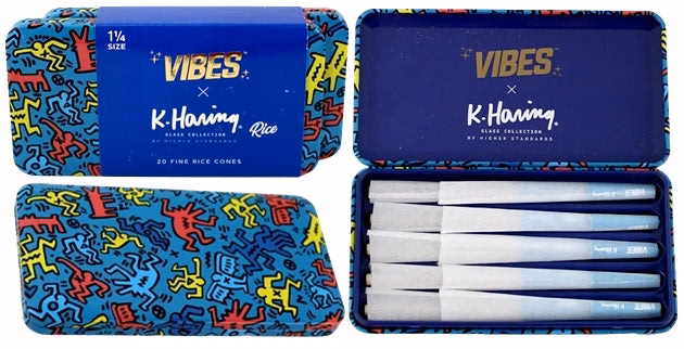 VIBES x K. Haring Pre-Rolled Cones - 1 1-4 - Rice - 2pk Bundle Collectable Tin - Image 5