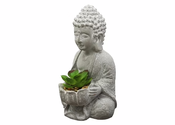 Buddha Statue with Fake Plants and Rocks