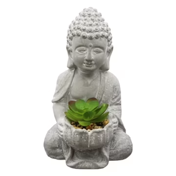 Buddha Statue with Fake Plants and Rocks