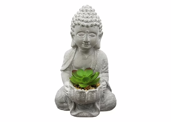 Buddha Statue with Fake Plants and Rocks