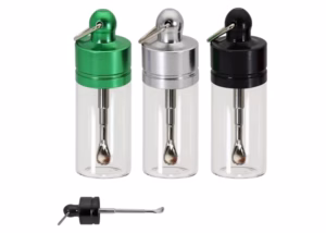 Glass Vial Bullet Snuffer Keychain with Adjustable Metal Spoon – 15mm x 45mm 30pk