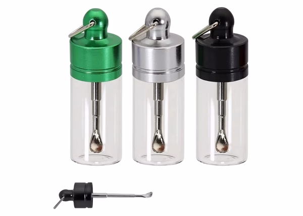 Glass Vial Bullet Snuffer Keychain with Adjustable Metal Spoon – 15mm x 45mm 30pk