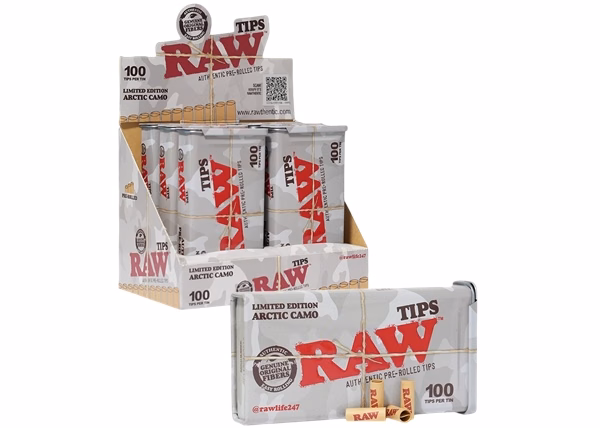 RAW Arctic Camo Tin with 100ct Pre Rolled Tips 6pk